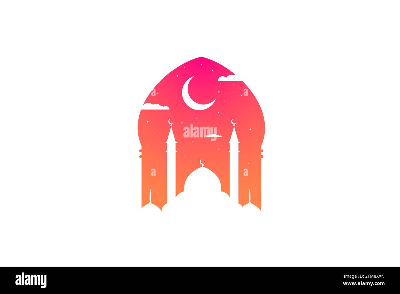 Moschee Silhouette bei Sonnenaufgang oder Sonnenaufgang Himmel mit Mond und abstraktem Licht für den Islam. Holy Festival eid traditionelle Banner-Design. Ramadan Kareem Grußkarte mit Moscheen. Vektor-arabische Illusritation Stock Vektor