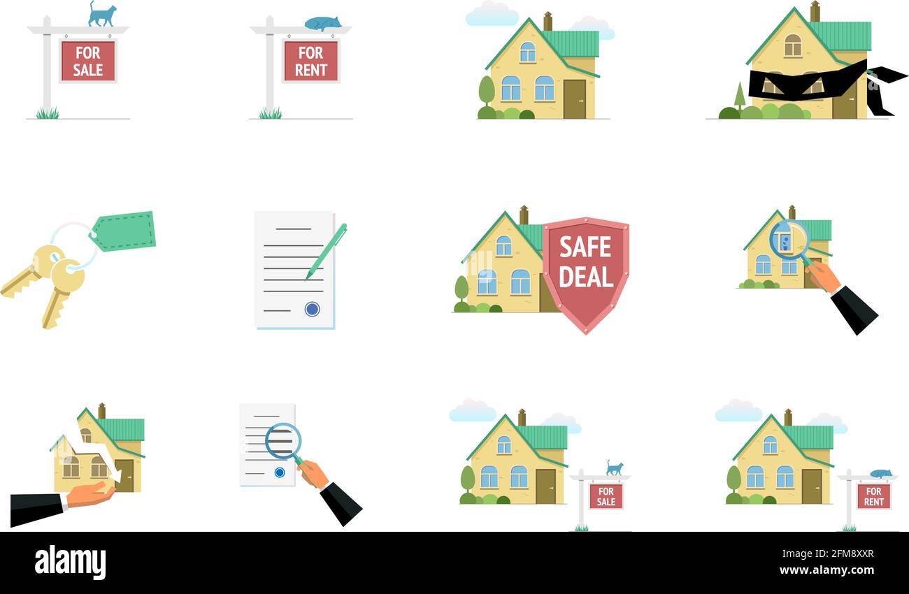 Immobilien Verkauf Miete Risiko Betrug sichere Deal Elemente. Vektor moderne flache Grafik Illustration Set Stock Vektor