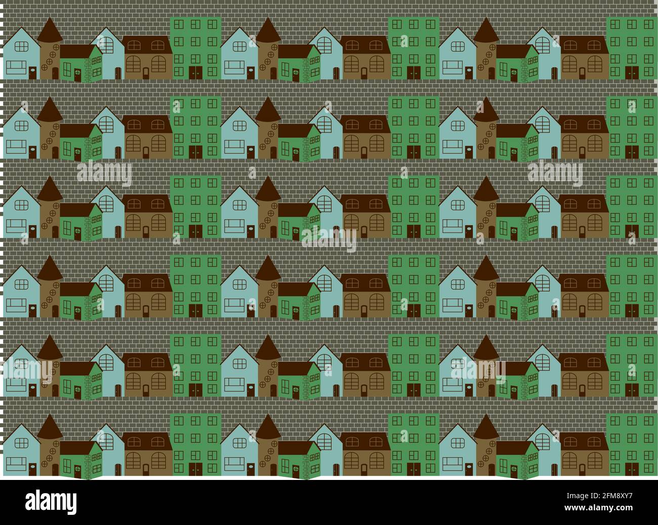 Nahtloses Muster mit Stadtbild von farbigen Häusern auf einem Bürgersteig Straße Stock Vektor