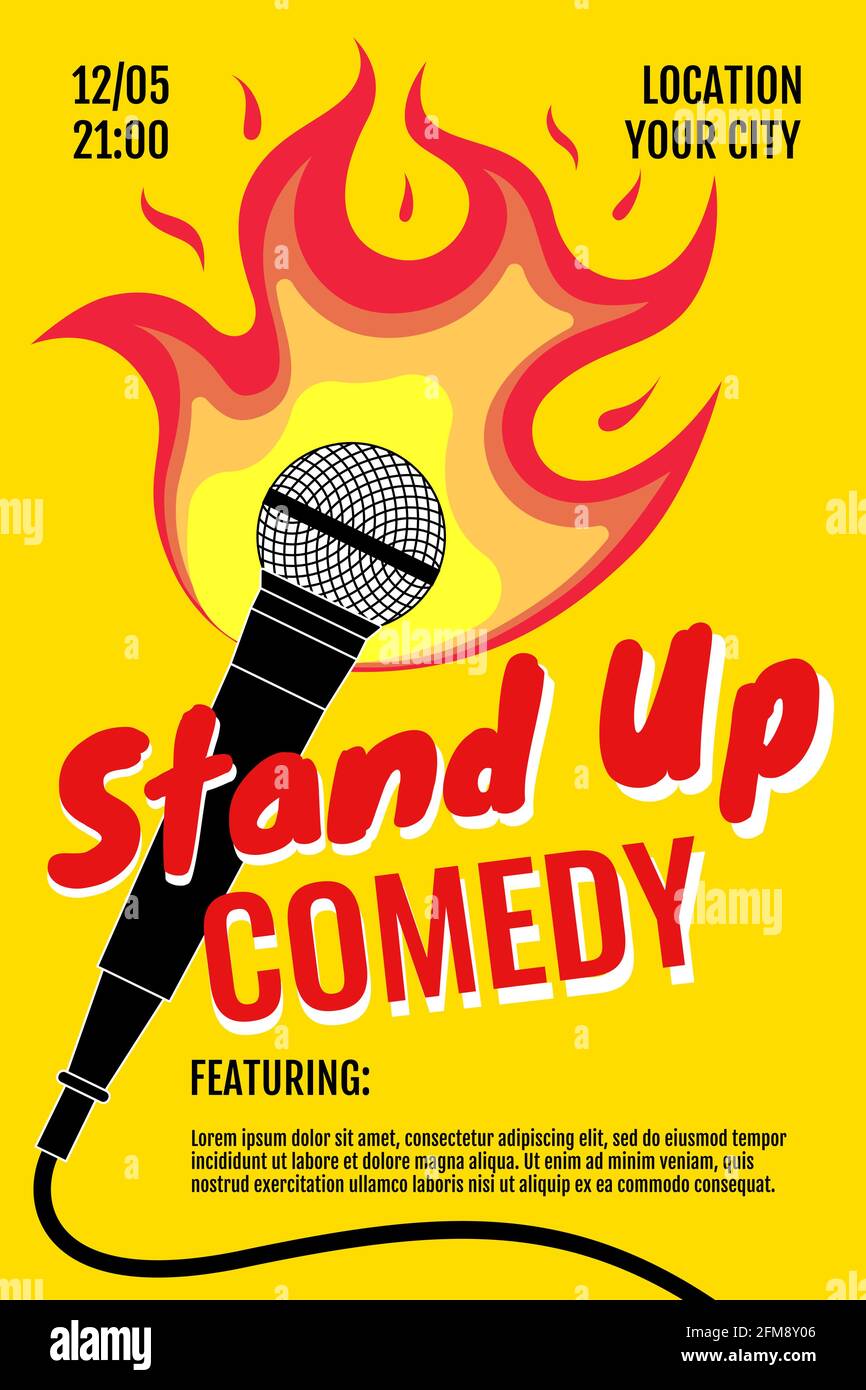 Stand Up Comedy Night Live Show A3 A4 Poster Design Vorlage. Standmikrofon mit Feuer auf gelbem Hintergrund. Hot Witze Braten Konzept Flyer. Vektorgrafik Open Stage Mikrofon Event Illustration Stock Vektor