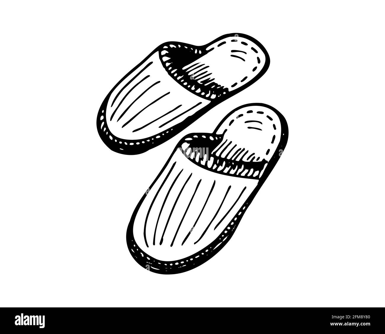 Handgezeichnete Skizze für schlafenden Slipper. Startseite bequeme Schuhe Paar schwarz und weiß Doodle. Zwei Hausschuhe Tinte Vektor isoliert Illustration Stock Vektor
