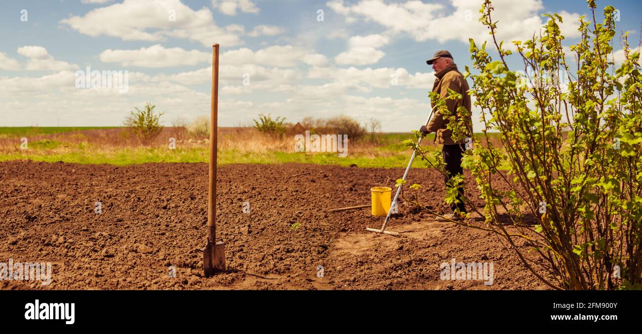 Senior Farmer steht auf bearbeiteten Frühlingslandböden Stockfoto