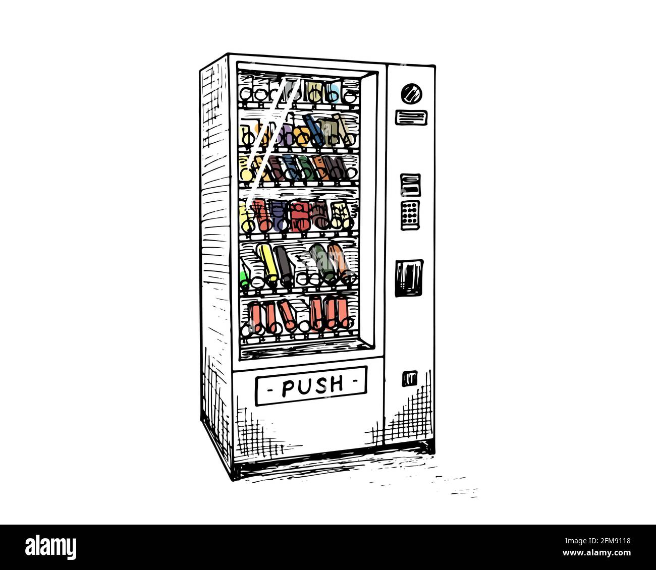 Verkaufsautomat mit Getränkeflaschen und Dosen, handgezeichnete Skizze. Automatische farbige Snack-und Getränkeverkauf Maschinen isometrische Ansicht. Schwarz-Weiß-Tintenvektor isolierte eps-Abbildung Stock Vektor