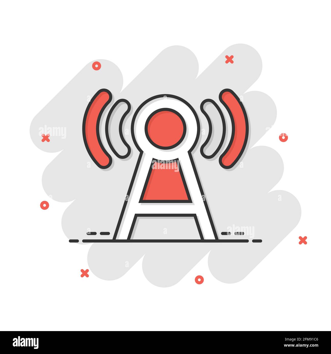 Antennenturm-Ikone im Comic-Stil. Broadcasting Cartoon Vektor-Illustration auf weißem Hintergrund isoliert. Business-Konzept mit WiFi-Splash-Effekt. Stock Vektor
