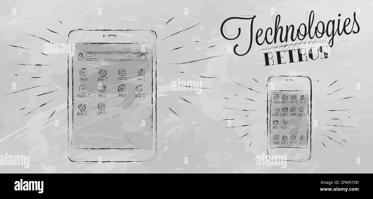 Symbole auf modernen mobilen Tablet-Geräten im Vintage-Stil Stilisiert unter den Kreidezeichnungen grau Stock Vektor