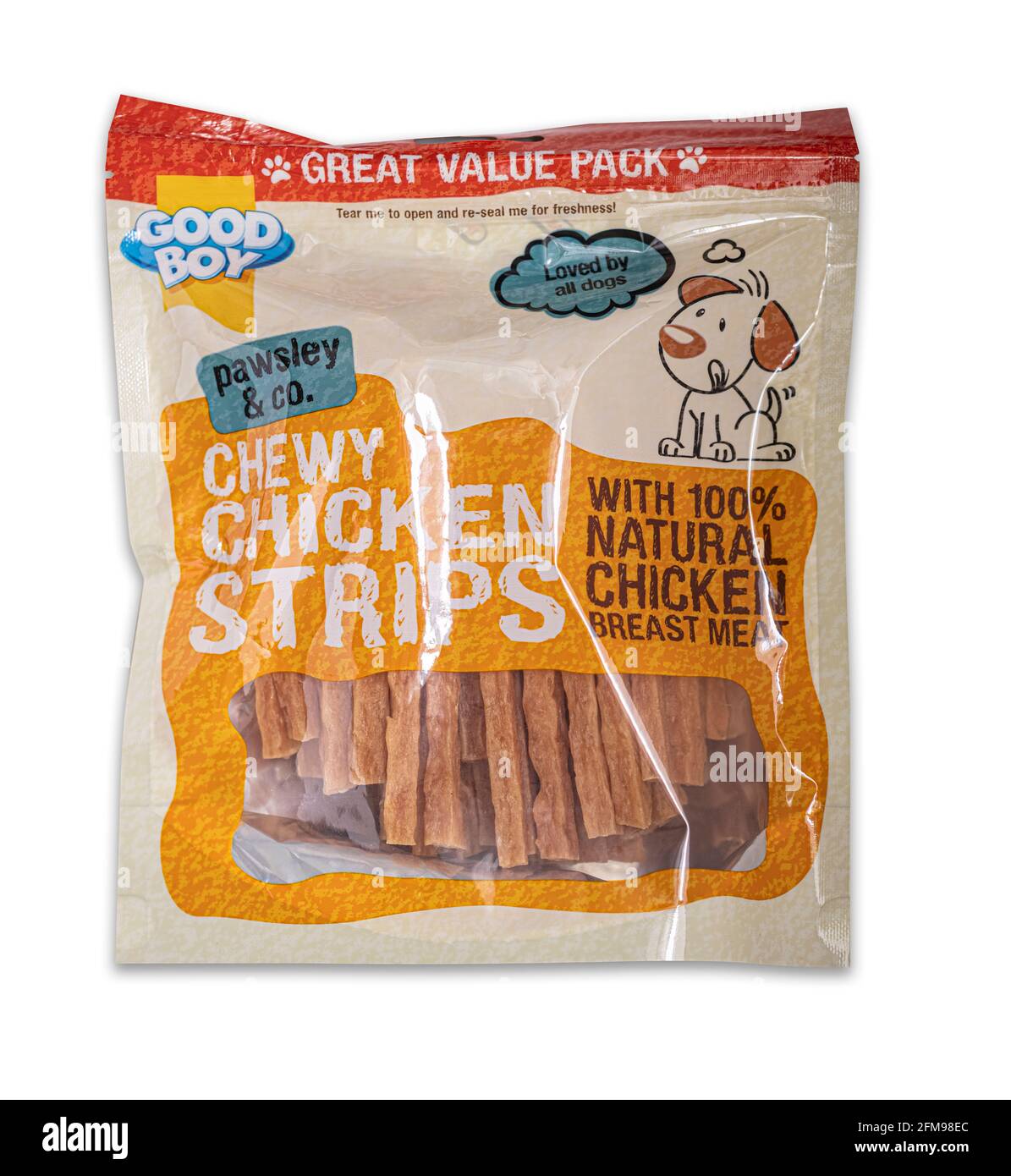Good Boy Chewy Chicken Strips mit 100% Natural Chicken Brest Fleisch auf weißem Hintergrund Stockfoto
