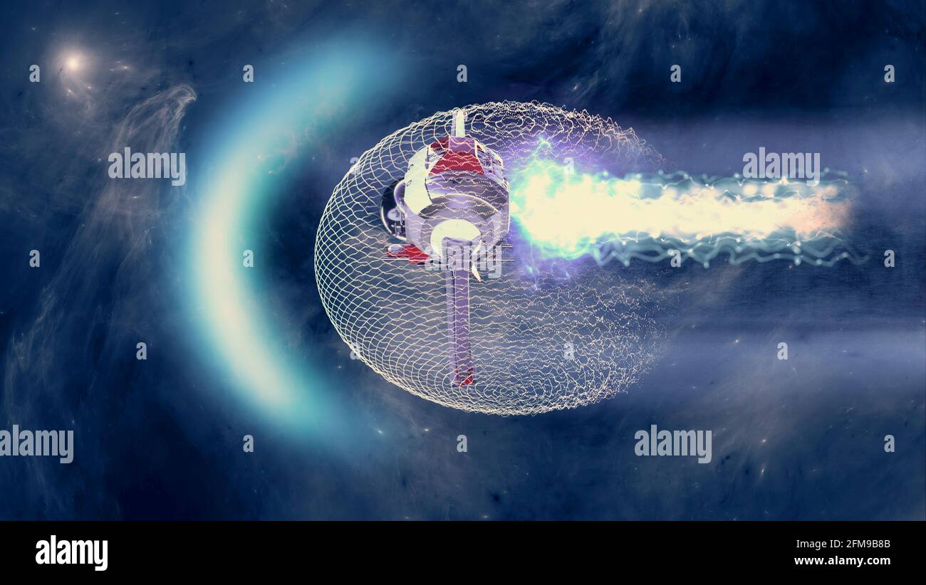 Lichtgeschwindigkeit, Magnetfeld, das ein Raumschiff umgibt. Raumfahrt und neue Grenzen. Modernste Technologie. Raum-Zeit-Deformation, Quantentunnel Stockfoto