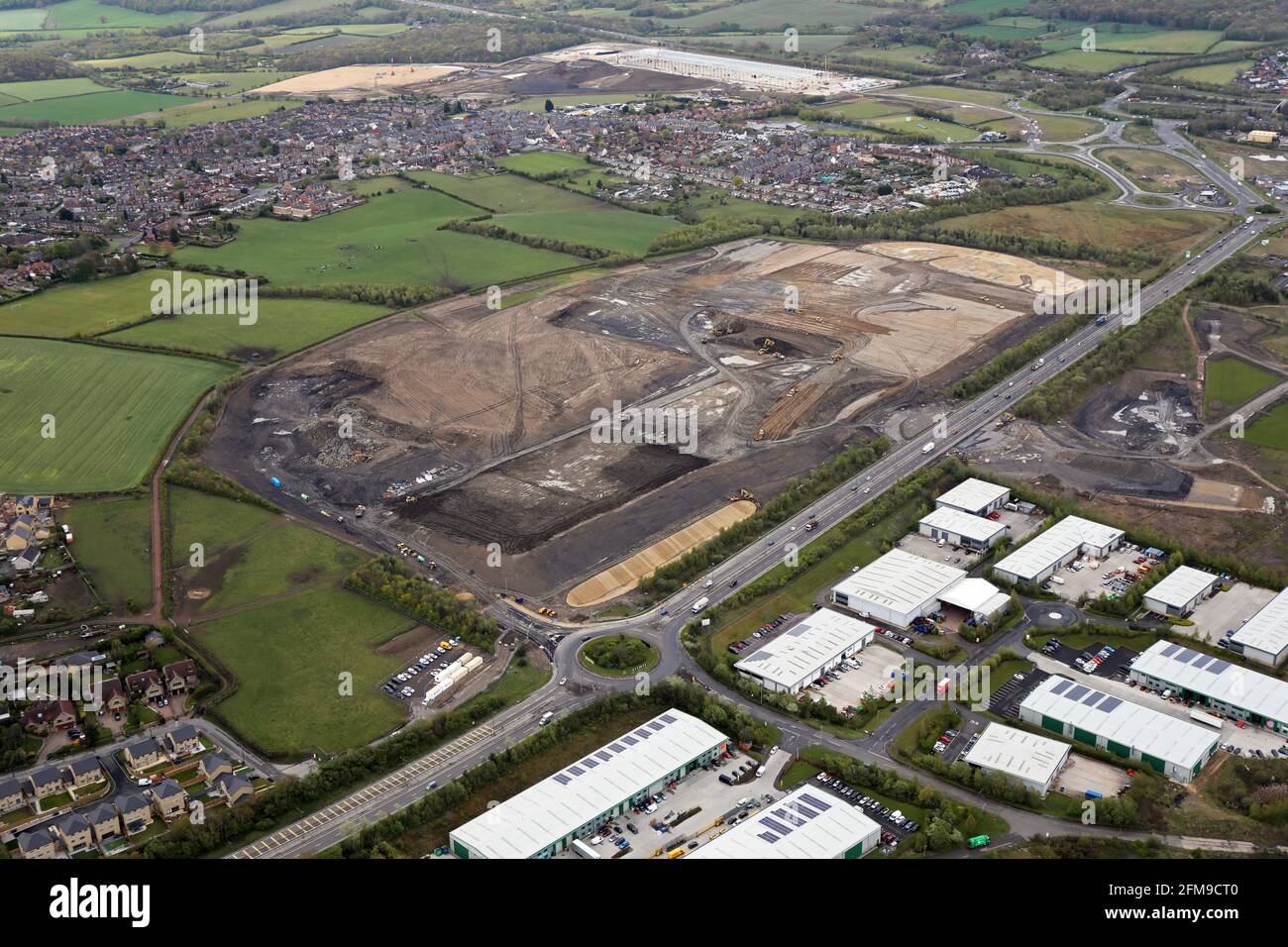Luftaufnahme von Erdarbeiten für mehr industrielle Entwicklung & Shortwood Business Park im Dearne Valley, südlich von Barnsley Stockfoto