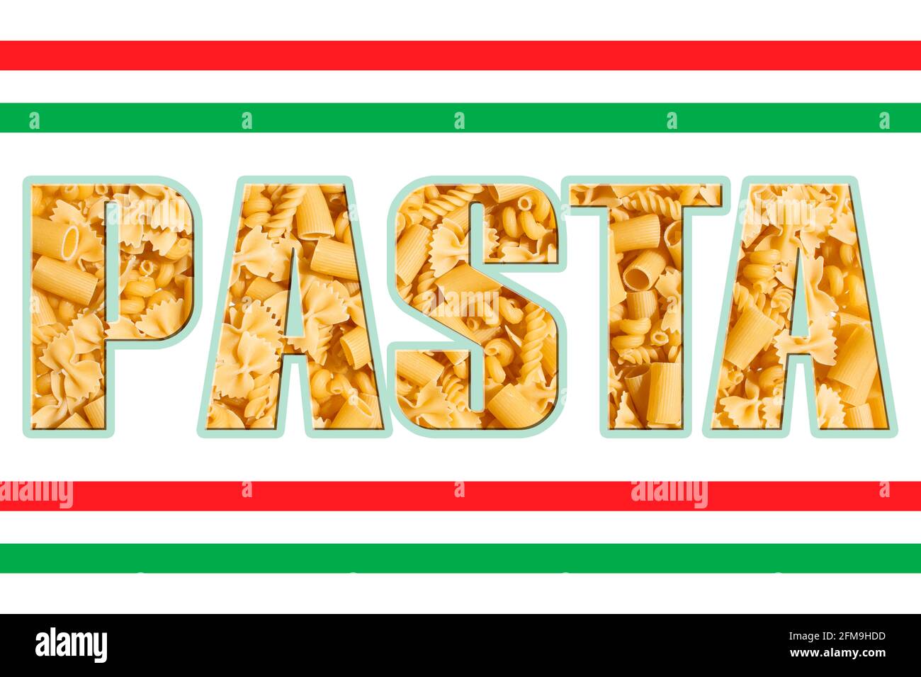 Pasta-Wort in großer, fett und dicker Schrift geschrieben Mit italienischen Flaggen Streifen Food Hintergrund Stockfoto
