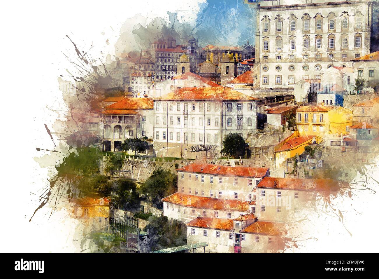 Aquarellzeichnung. Die Architektur der Stadt Porto, die alten authentischen Gebäude mit roten Dächern. Porto, Portugal Stockfoto