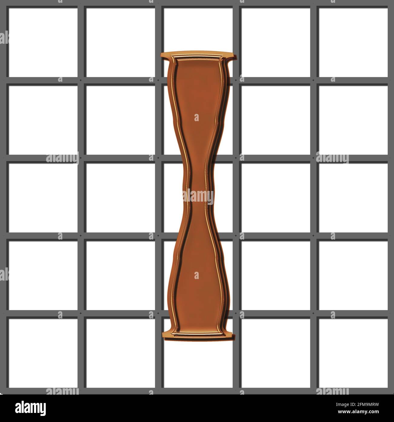 Quadratische Grafik mit dem Großbuchstaben I aus Kupfer Auf einem Gitter aus Stahl Stockfoto