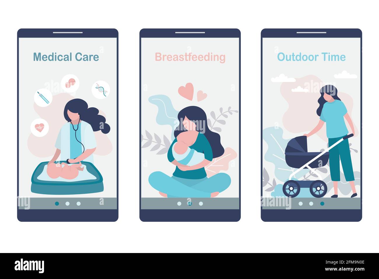 Medizinische Anwendungsseiten Vorlage für Frau. Gesundheits- und Babypflege-App auf dem Smartphone-Bildschirm. Kindheit, Hilfe und Unterstützung. Trendige Stil Vektor-illustrative Stock Vektor