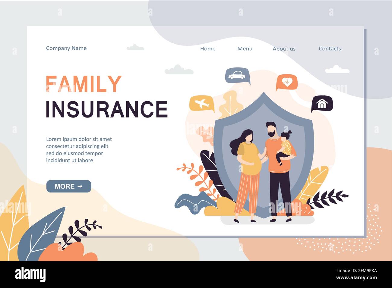 Vorlage für die Landing Page für Familienversicherungen. Banner für das Konzept „Versicherung“, „Gesundheitswesen“. Sicherungsplan, vollständiger Versicherungsschutz. Nette Eltern mit Kind, schützen Stock Vektor