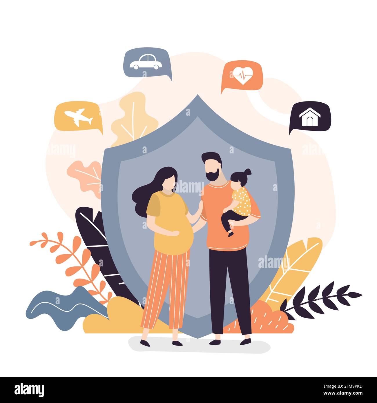 Glückliche Familie und Schutzschild. Banner für das Konzept „Versicherung“, „Gesundheitswesen“. Sicherungsplan, vollständiger Versicherungsschutz im Hintergrund. Nette Eltern mit Kind. Stock Vektor