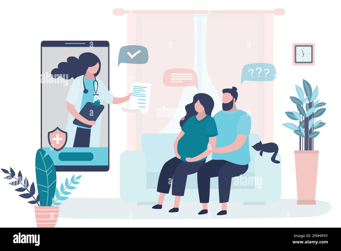 Online-Beratung, Empfehlungen eines Arztes. Pränatale Medizin. Medizinische App auf dem Smartphone. Internet-Chat. Cute schwanger Frau mit Mann in h Stock Vektor