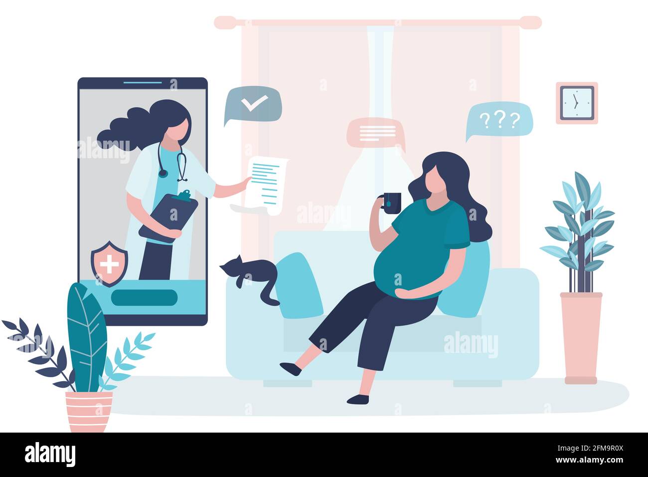 Online-Beratung, Empfehlungen eines Arztes. Pränatale Medizin, Familienzeichen. Medizinische App auf dem Smartphone. Internet-Chat. Nette, schwanger Frau Stock Vektor