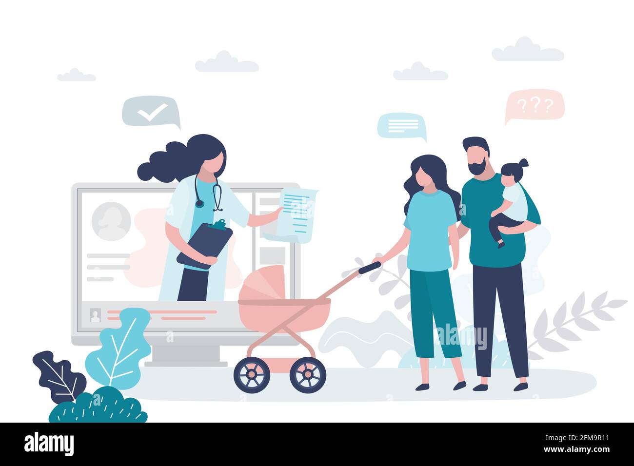 Online-ärztliche Beratung, Empfehlungen eines Arztes. Medizinische Einrichtung auf dem Computermonitor. Internet-Chat. Familie und Arzt.Gesundheitskonzept Bann Stock Vektor