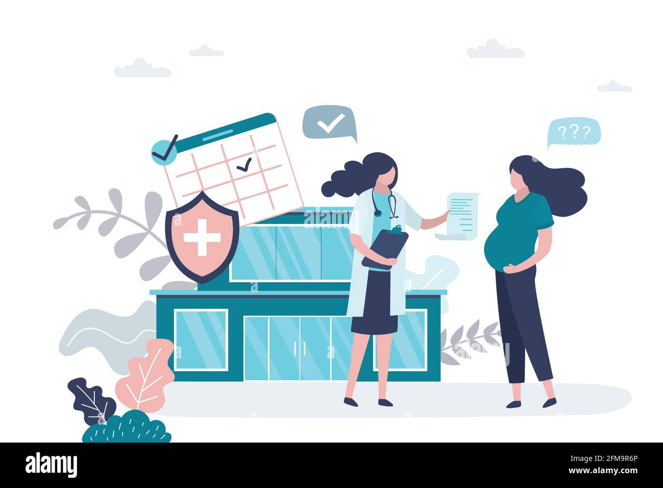 Beauty Schwangeren Frau erhält Rat von einem Gynäkologen. Der Arzt gibt Ratschläge zur Schwangerschaft. Medizinische Beratungsdienste. Weiblicher Charakter, Krankenhaus oder clini Stock Vektor