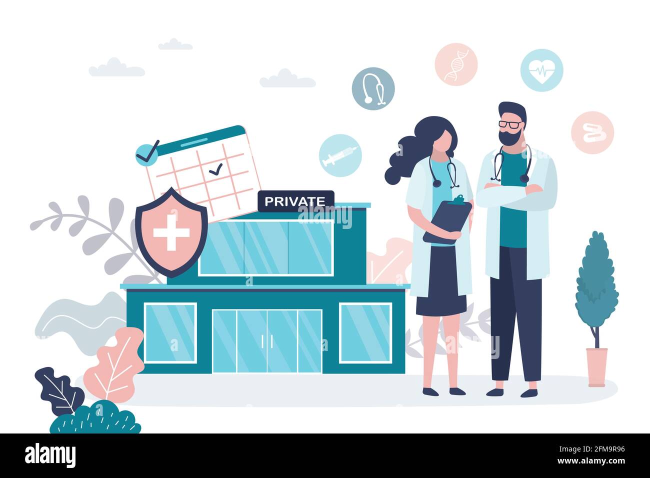 Ärzte für Männer und Frauen. Konzept der medizinischen Dienstleistungen. Weibliche und männliche Charaktere in Uniform. Krankenhaus oder private Klinik Gebäude auf Hintergrund. Flacher Vektor Stock Vektor
