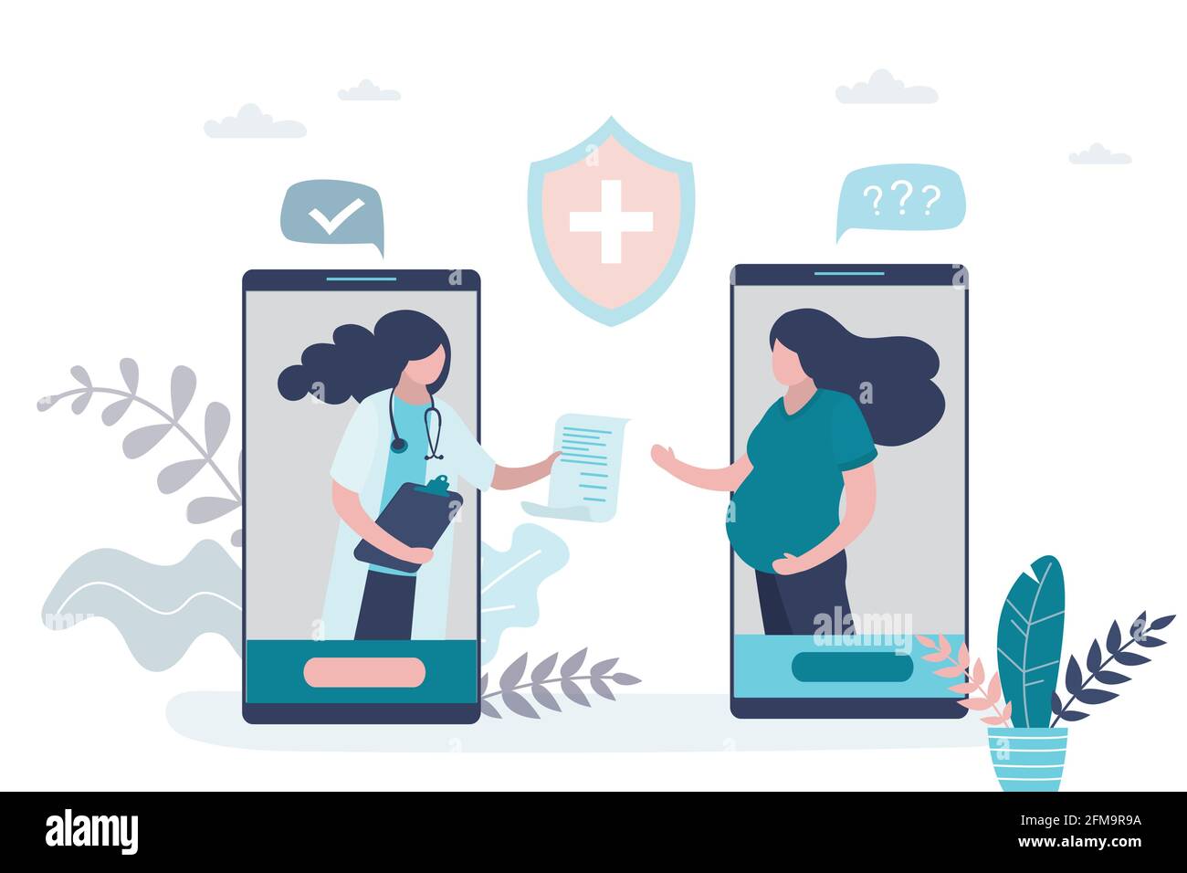 Online-Beratung und Empfehlungen eines Arztes. Pränatale Medizin, Familienzeichen. Medizinische Anwendung auf dem Smartphone. Internet-Chat. Niedliches PR Stock Vektor