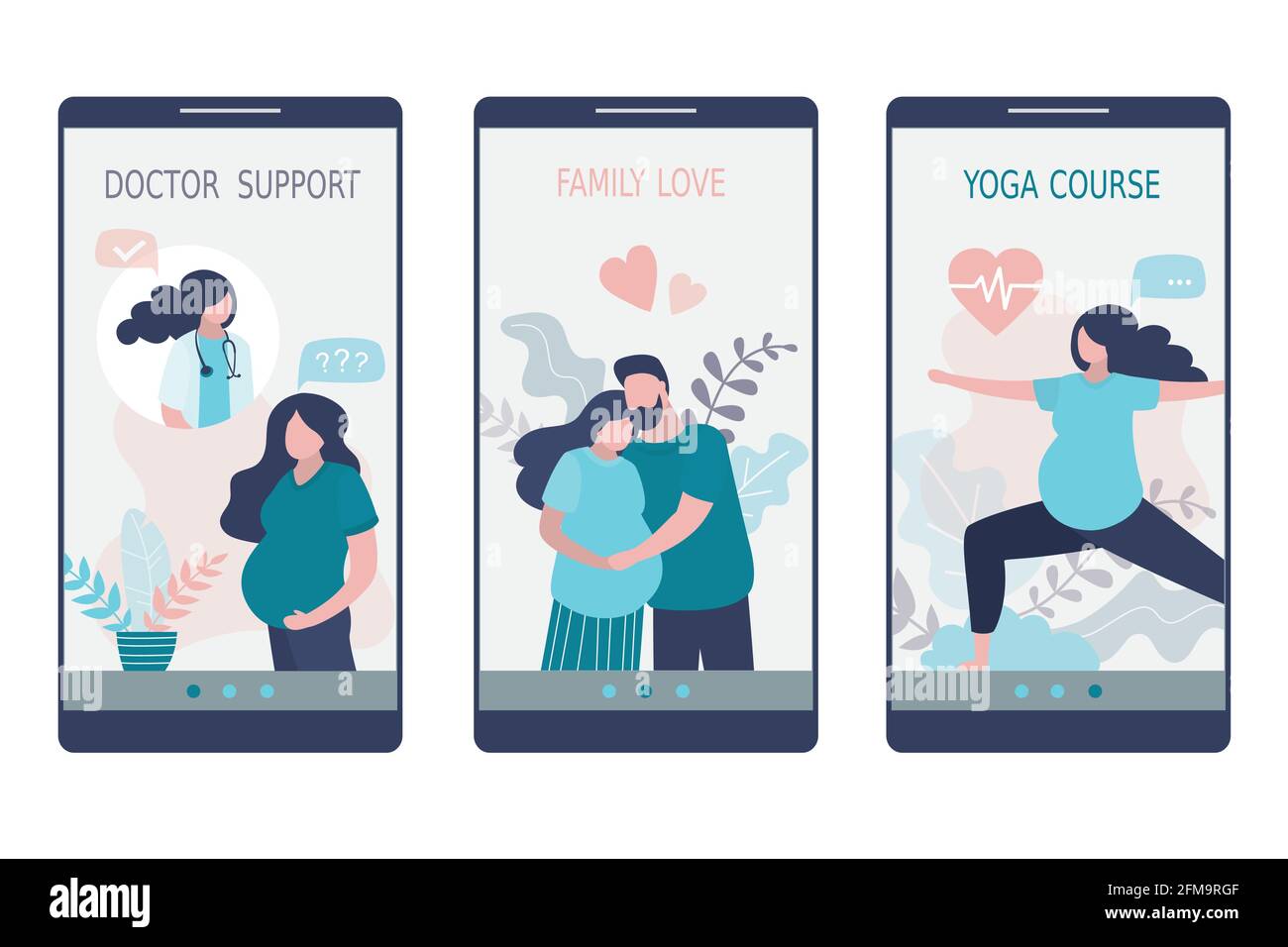 Vorlage für medizinische Anwendungsseiten für Schwangeren. Gesundheits-App auf dem Smartphone-Bildschirm. Modernes Mobiltelefon mit menschlichen Charakteren. Hilfe und Support Stock Vektor