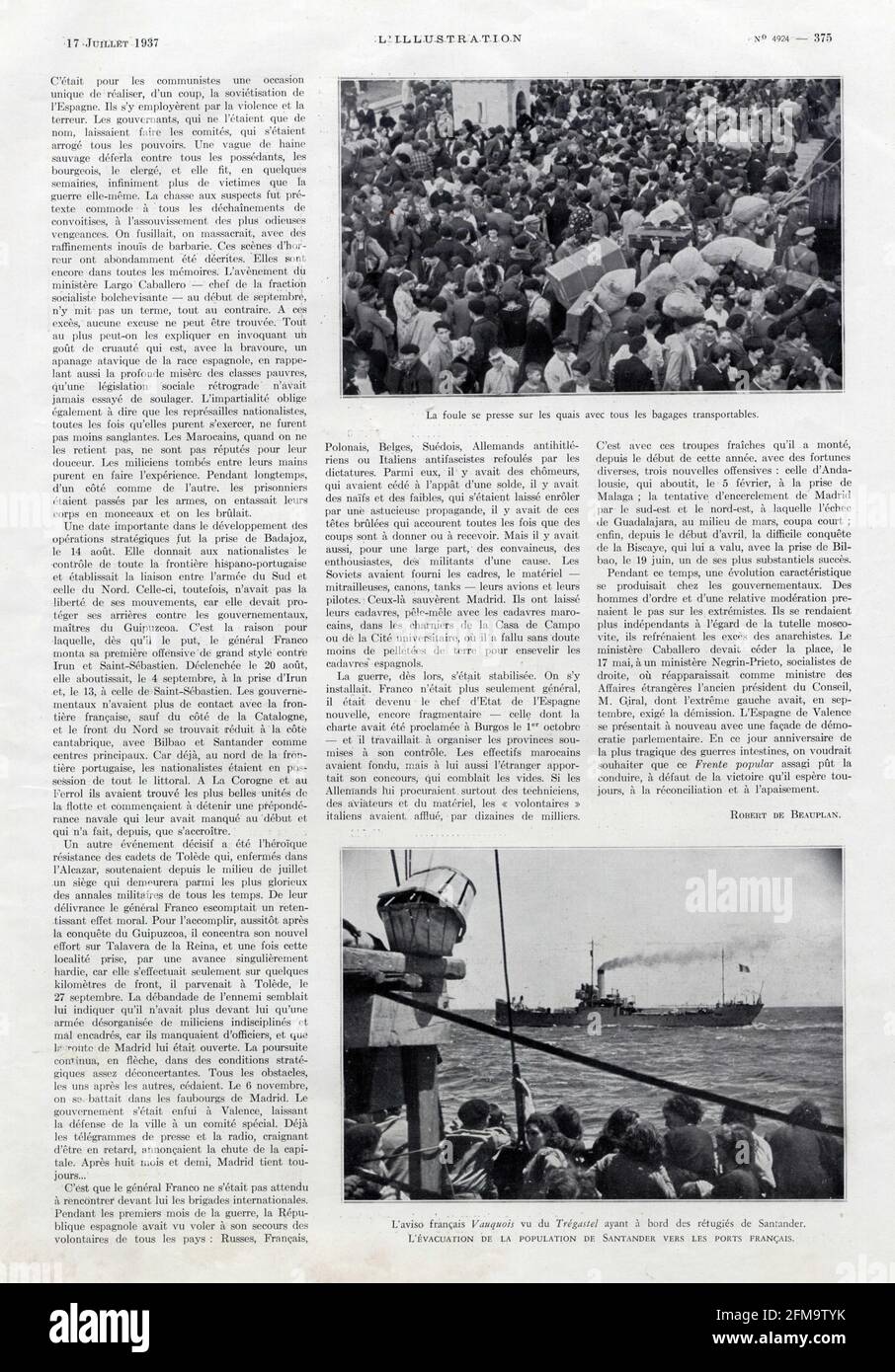 L'évacuation de la Population de Santander vers les Ports francais. 1937. Stockfoto