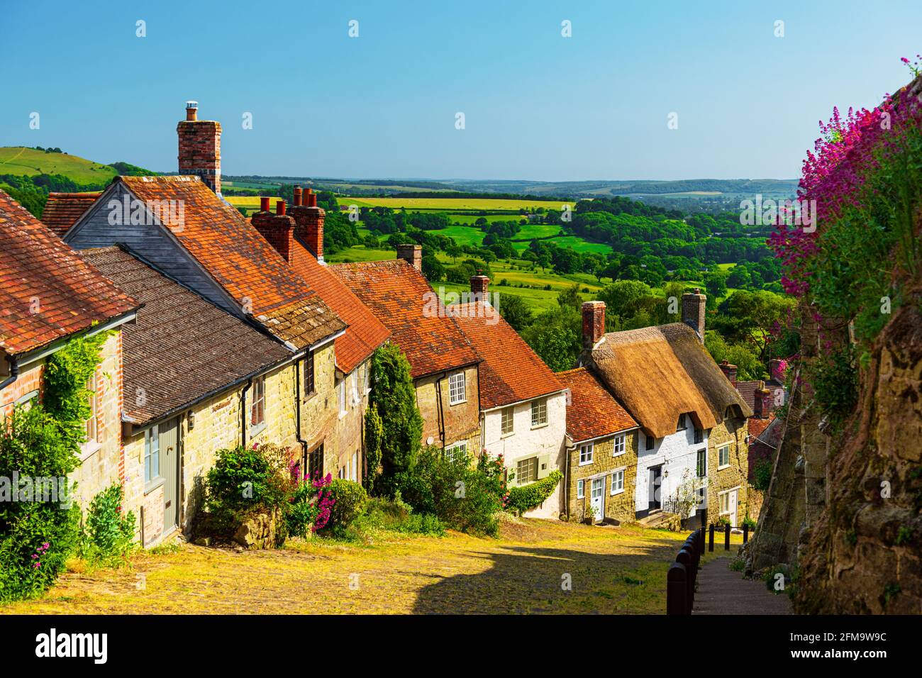 Shaftesbury, Dorset, sonnenverwöhnte Cottages auf dem legendären Gold Hill, wo Ridley Scott den berühmten Hovis-Werbespot drehte Stockfoto