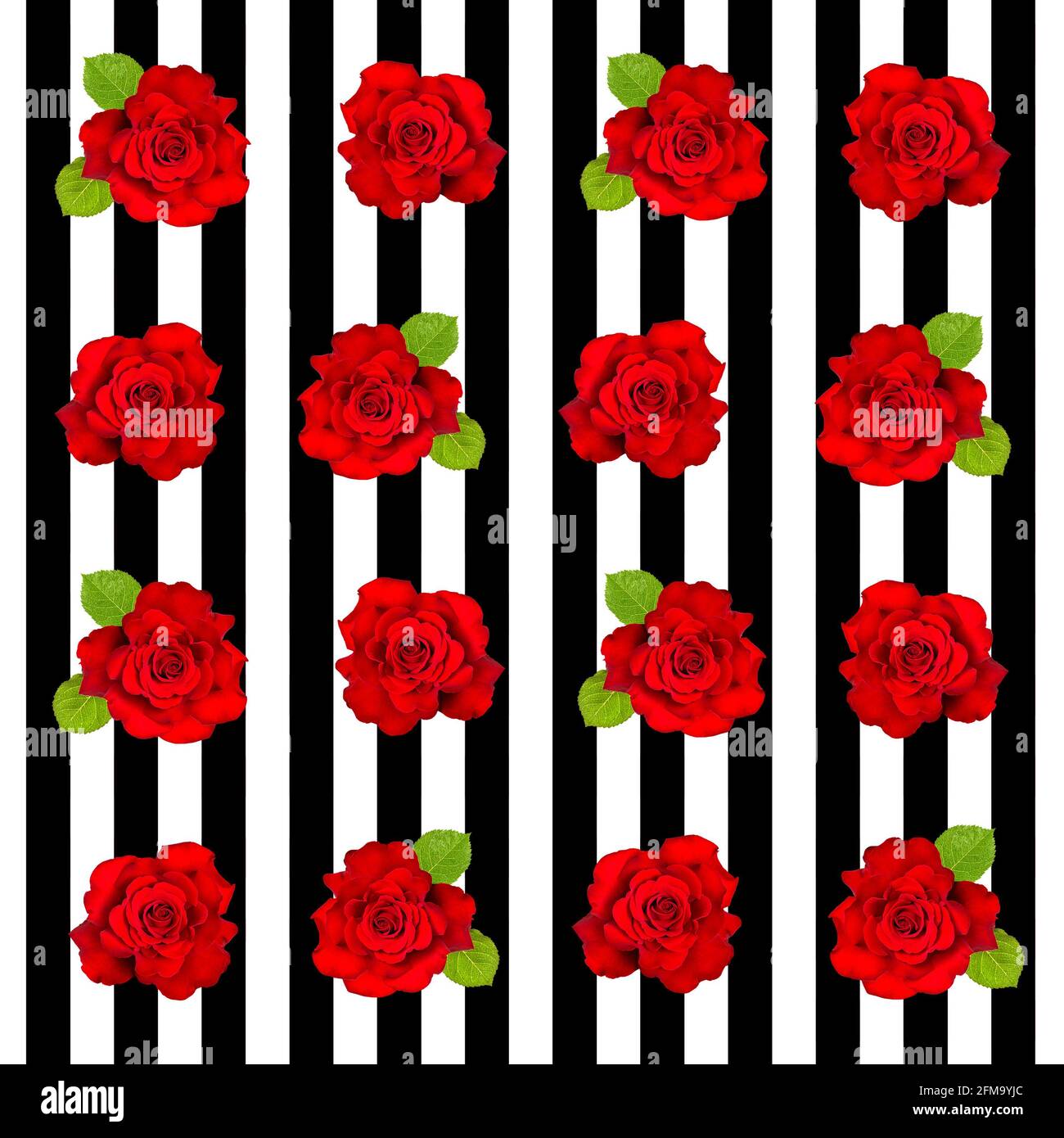 Rote Rosen auf gestreiftem Nahtlosmuster. Floraler Hintergrund im Retro-Stil Stockfoto
