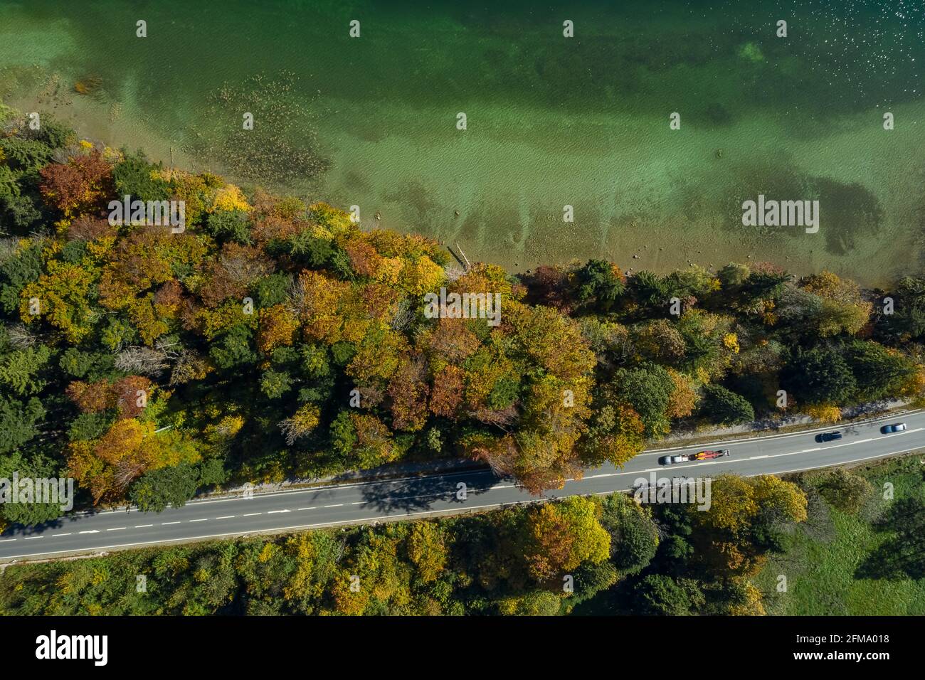 Dron-Ansicht von oben auf einem See mit einem bunten Wald im Herbst und einer Straße in der unteren Seite des Fotos. Stockfoto