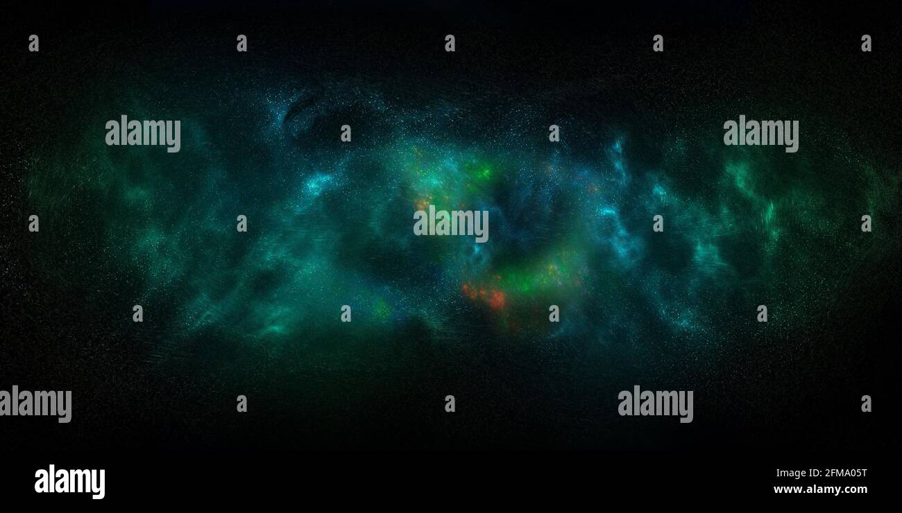 Kugelförmiges Panorama. 3d-Illustration. Farbenfroher Weltraum, grüner und blauer Weltraum-Hintergrund mit Nebel und Sternen. Umwelt Stockfoto