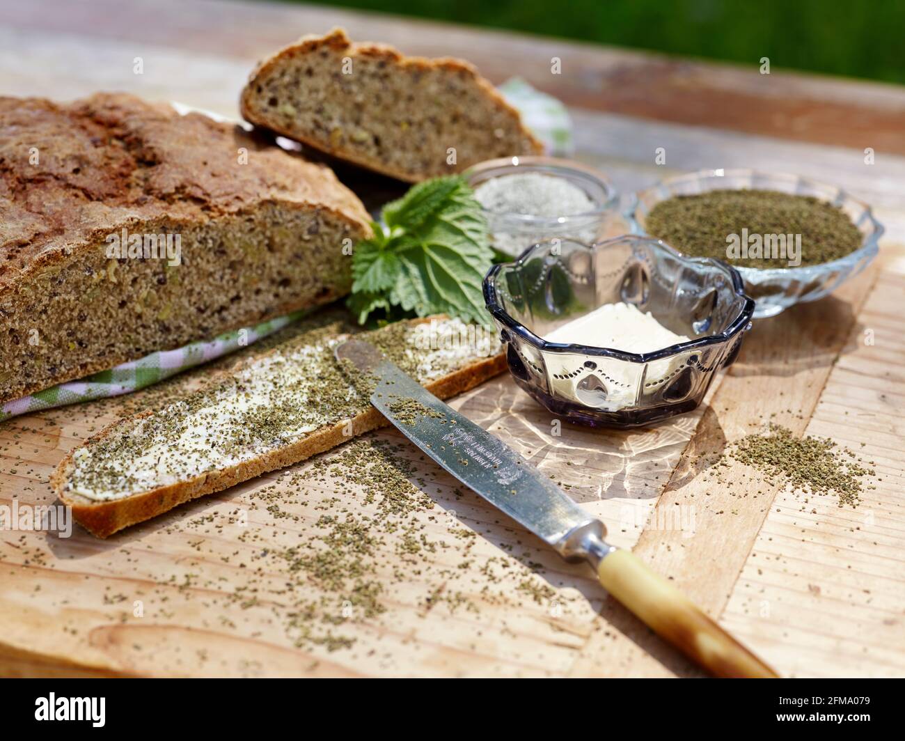 Brennnessel als Heilpflanze: Brennnesselkerne auf einem Sandwich, umgeben von Messer, Butter, Brennnesselkernen in Schüssel und Brot Stockfoto