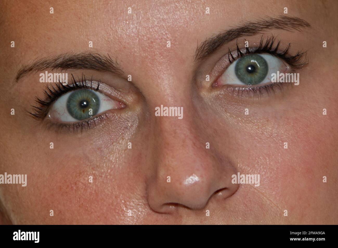 Nahaufnahme des Gesichts einer jungen Dame mit weit geöffneter Öffnung Grüne Augen Stockfoto