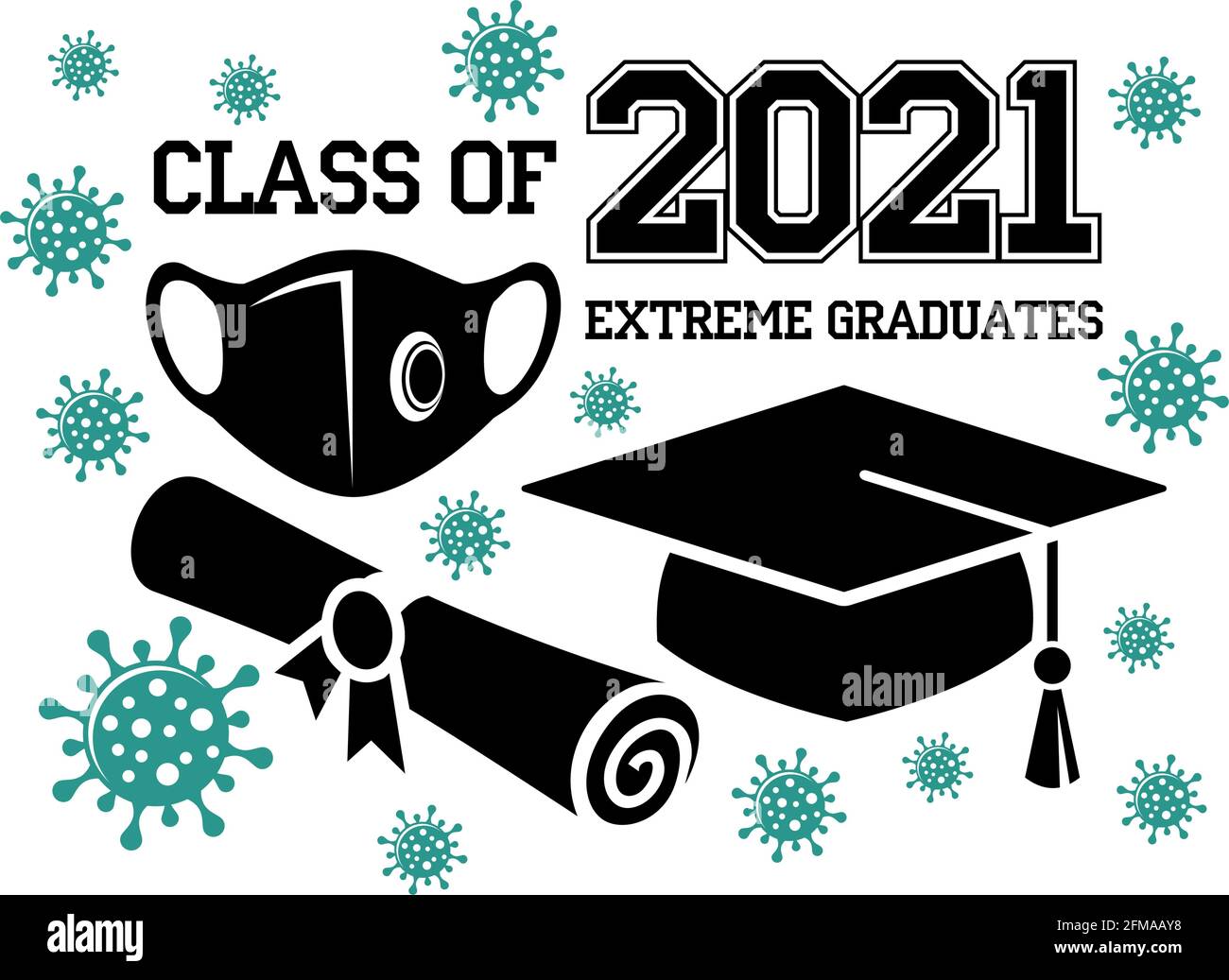 Abschlussklasse von 2021. Extreme Absolventen während der covid Pandemie.Text für Design, Grüße, T-Shirts, Party, High School oder College-Absolventen. V Stock Vektor