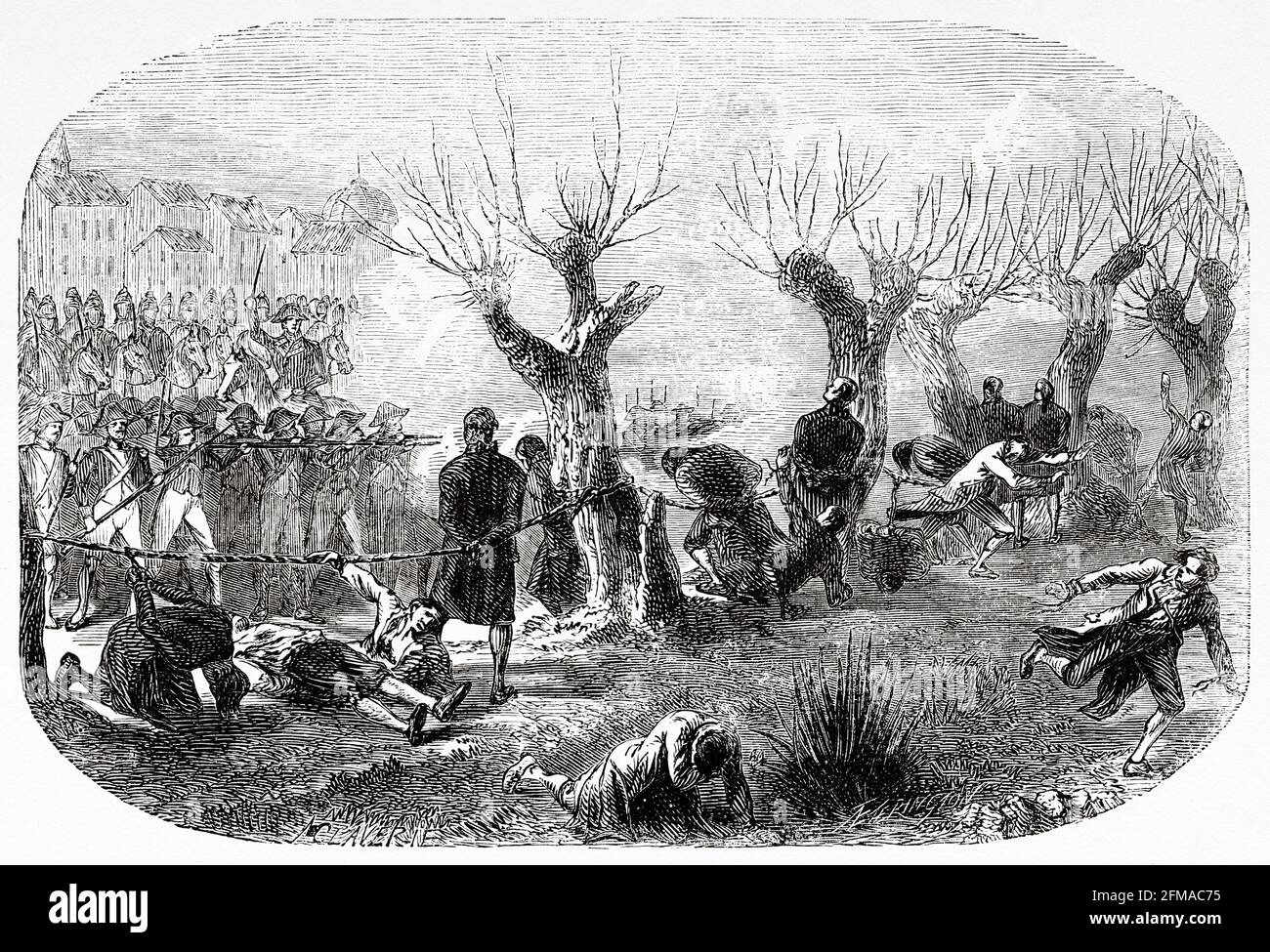 Belagerer von Lyon. Gefangene wurden in Les Brotteaux niedergeschlagen. Frankreich. Alte Illustration aus dem 19. Jahrhundert nach Histoire de la Revolution Francaise 1876 von Jules Michelet (1798-1874) Stockfoto