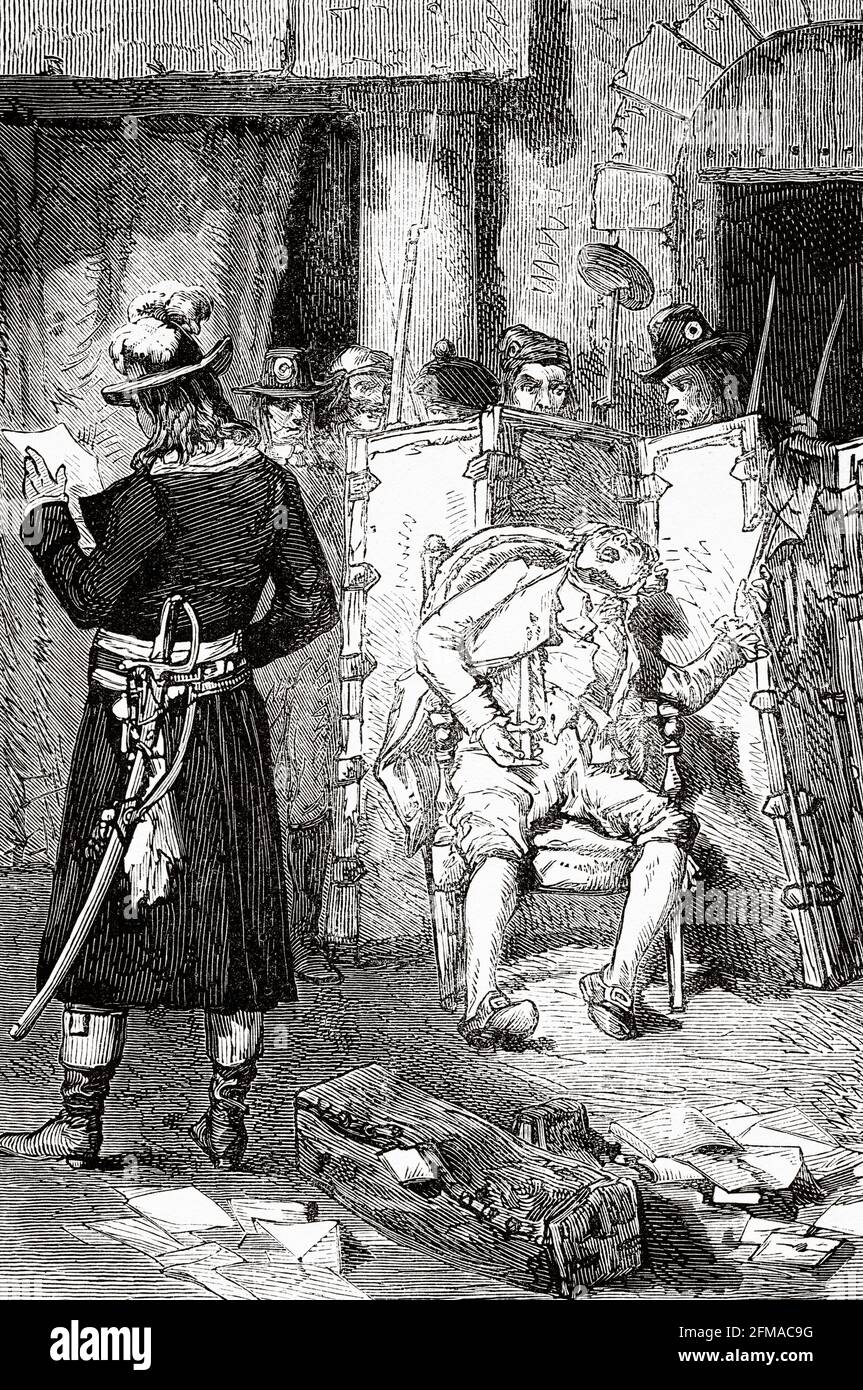 Jacques Roux (1752-1794) war ein französischer revolutionärer Priester, Anführer der radikalen Gruppe von Enragés, die eng mit der Sans-Culottes-Bewegung verwandt war. Am 14. Januar 1794 wurde Roux darüber informiert, dass sein Fall vom Revolutionsgericht verhandelt werden würde, und er zog ein Messer heraus und stach sich mehrere Male ein. Frankreich. Alte Illustration aus dem 19. Jahrhundert nach Histoire de la Revolution Francaise 1876 von Jules Michelet (1798-1874) Stockfoto