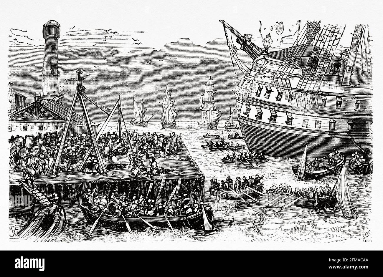 Die französischen Truppen in einem Hafen in Nordfrankreich während der Französischen Revolution. Frankreich. Alte Illustration aus dem 19. Jahrhundert nach Histoire de la Revolution Francaise 1876 von Jules Michelet (1798-1874) Stockfoto