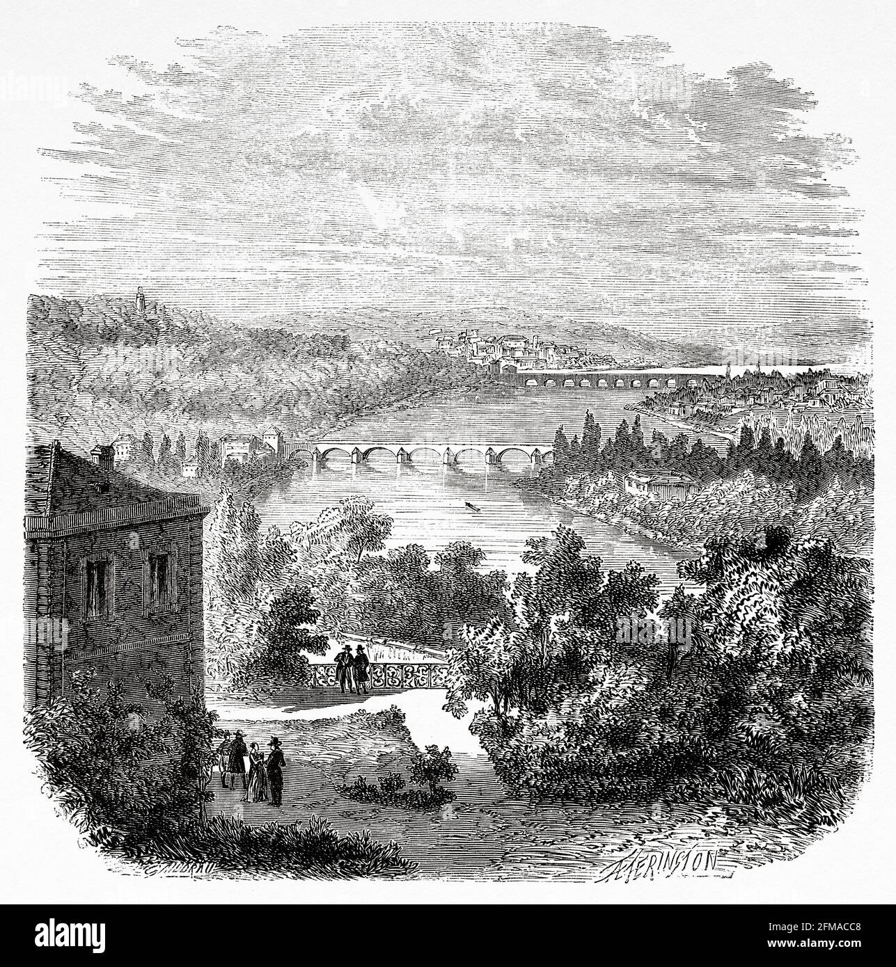 Residenz von Georges Danton und Blick auf die seine in Sevres, Ile-de-France, Paris. Frankreich. Alte Illustration aus dem 19. Jahrhundert nach Histoire de la Revolution Francaise 1876 von Jules Michelet (1798-1874) Stockfoto