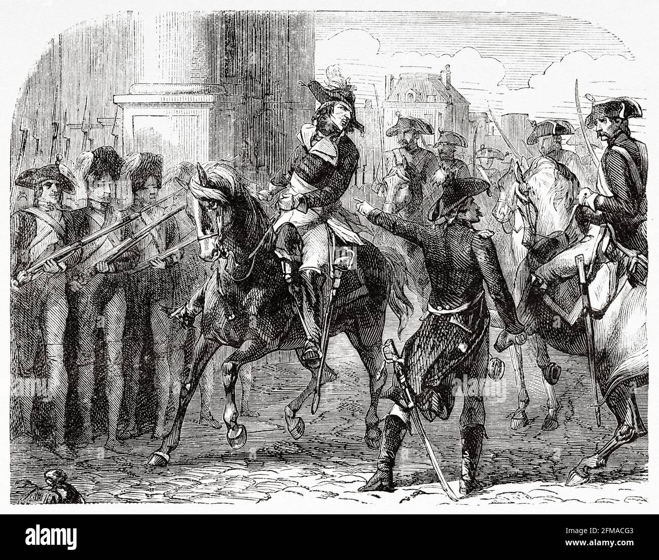 Francois Henriot (1761-1794) am Tuileries-Tor, Paris. Frankreich. Alte Illustration aus dem 19. Jahrhundert nach Histoire de la Revolution Francaise 1876 von Jules Michelet (1798-1874) Stockfoto