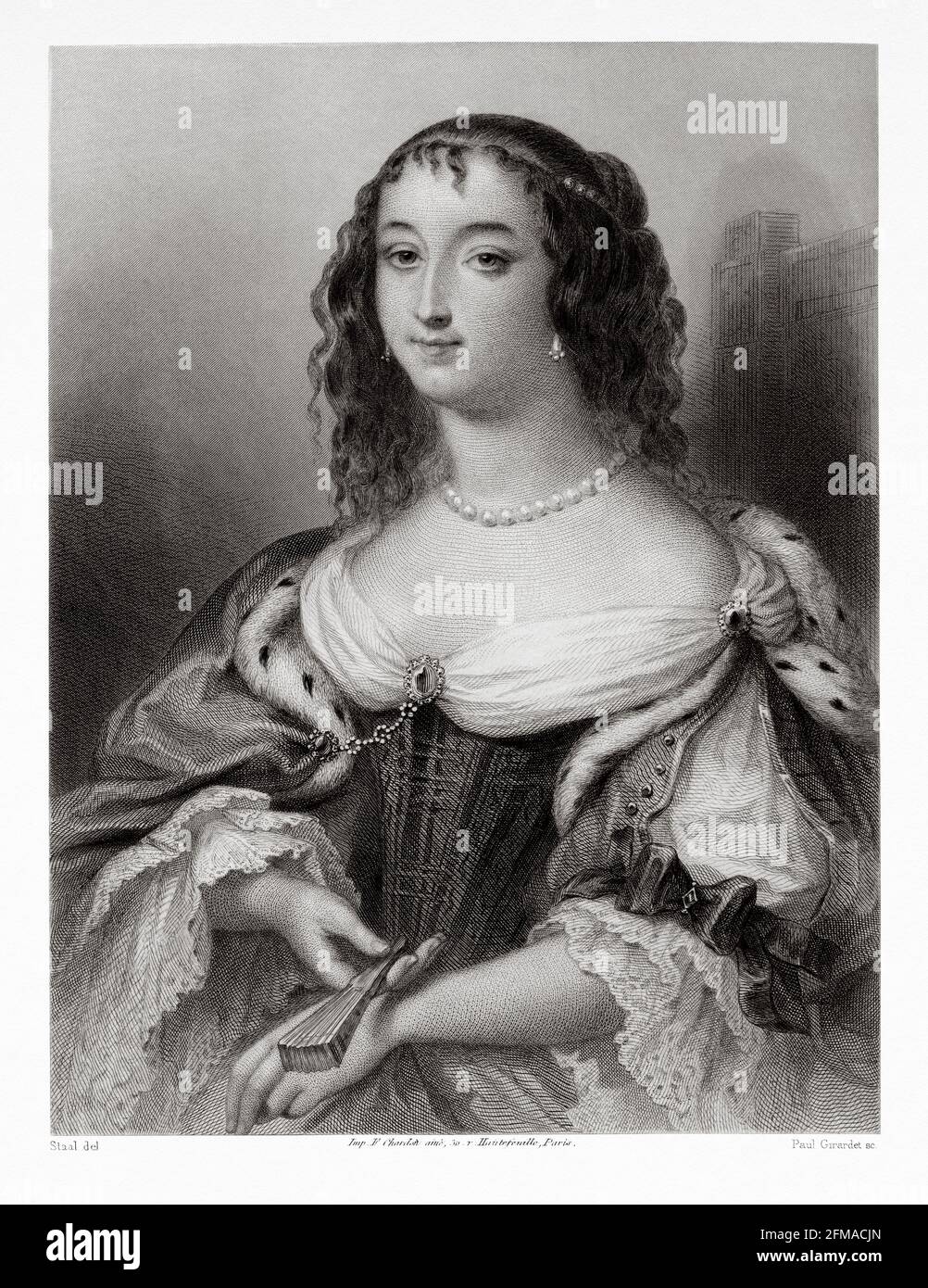 Porträt der Herzogin von Orléans. Henrietta Anne von England (1644-1670) war die jüngste Tochter von König Karl I. von England, Schottland und Irland und Henrietta Maria von Frankreich. Alte Illustration aus dem 19. Jahrhundert von der Galerie de Femmes Cebres von M. Sainte-Beuve 1864 Stockfoto