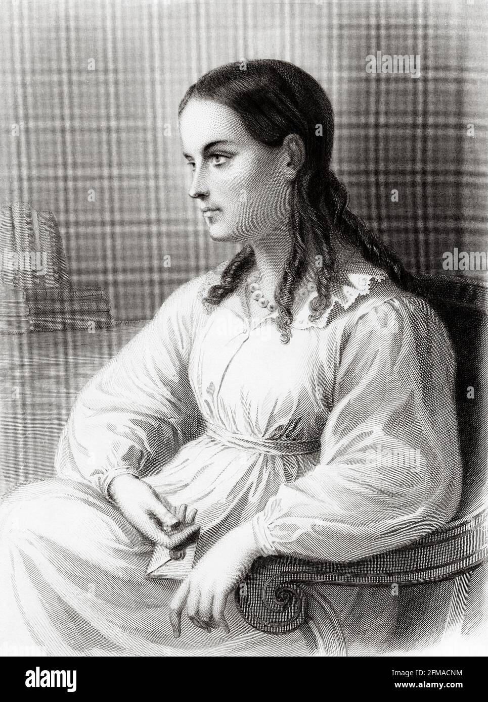 Porträt der Gräfin von Arnim. Bettina von Arnim (1785-1859) wurde als Elisabeth Catharina Ludovica Magdalena Brentano geboren, war eine deutsche Schriftstellerin und Schriftstellerin. Alte Illustration aus dem 19. Jahrhundert von der Galerie de Femmes Cebres von M. Sainte-Beuve 1864 Stockfoto