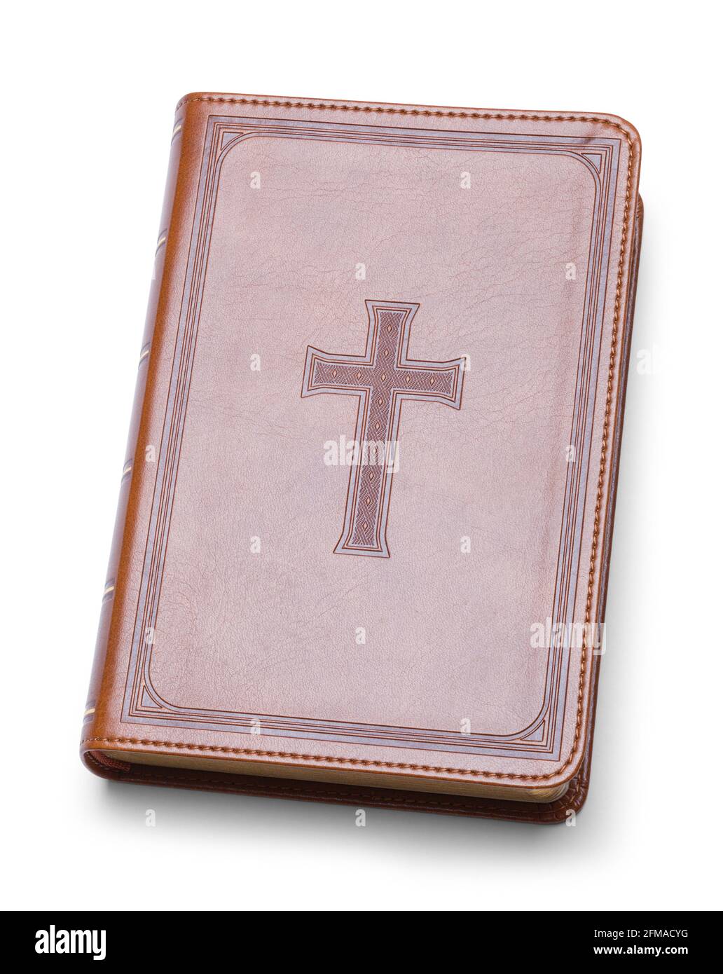 Bibel aus Leder mit Kreuzeinschlag auf Deckelausschnitt. Stockfoto