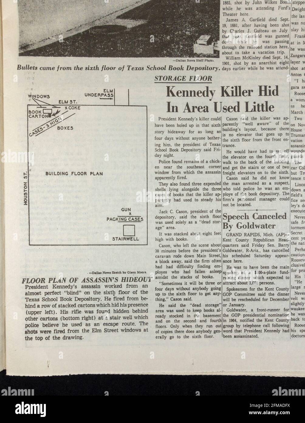 Artikel und Grundriß von Book Depository, Dallas Morning News (Nachbildung), 23. November 1963 nach der Attentat auf John F. Kennedy. Stockfoto