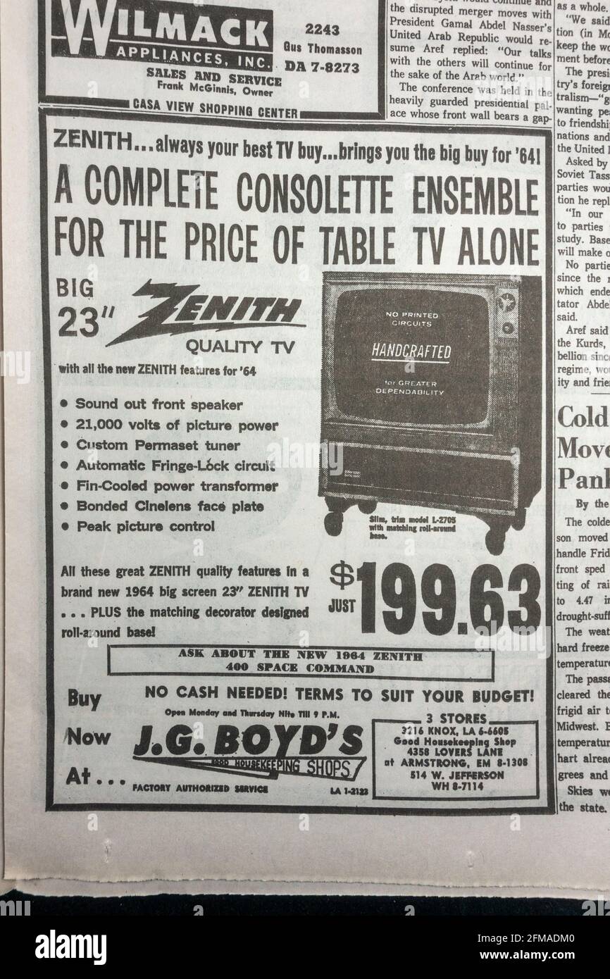 Werbung für Zenith-Fernseher in den Dallas Morning News (Nachbildung) am 23. November 1963 (Tag nach dem Tod von JFK). Stockfoto