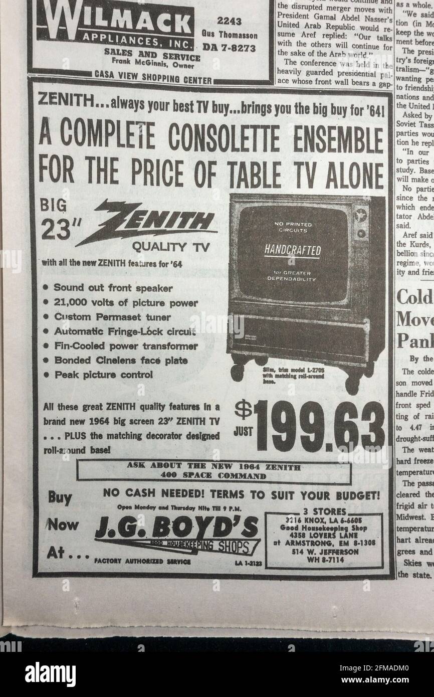 Werbung für Zenith-Fernseher in den Dallas Morning News (Nachbildung) am 23. November 1963 (Tag nach dem Tod von JFK). Stockfoto