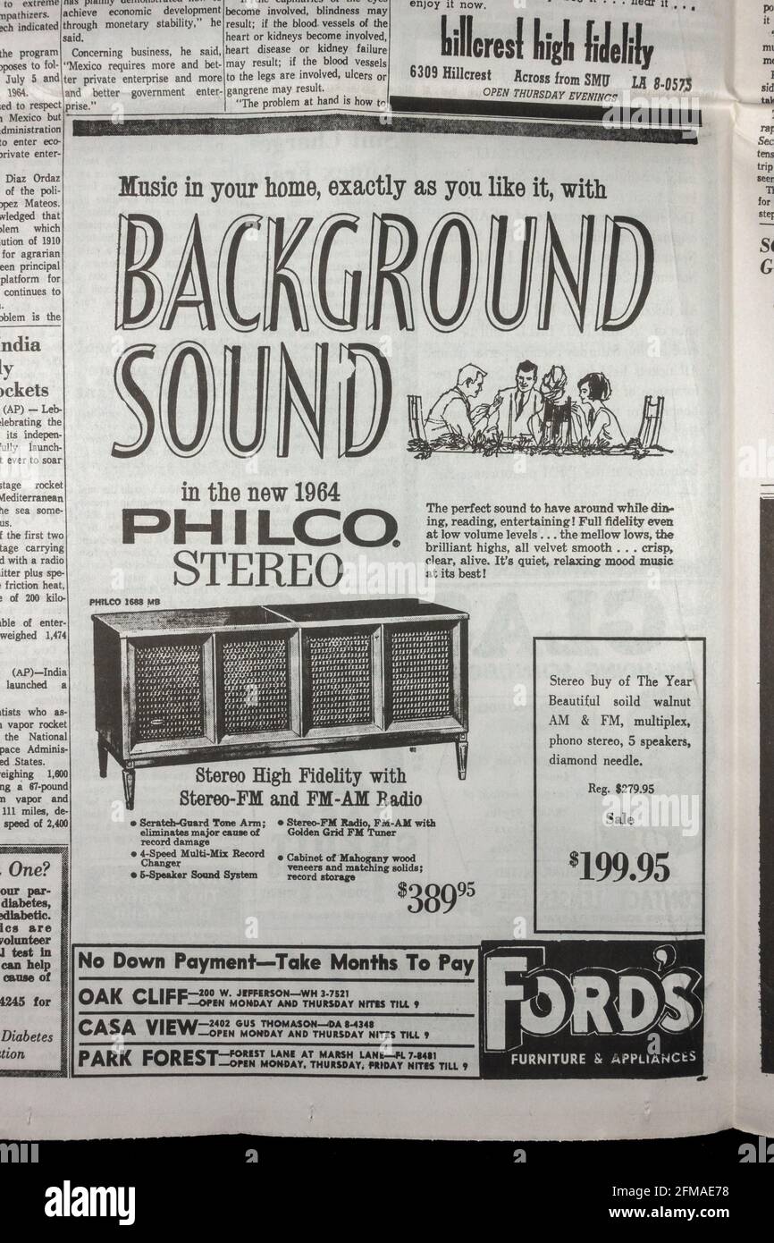 Werbung für Philco Stereo-Soundsysteme in den Dallas Morning News (Nachbildung) am 23. November 1963 (Tag nach dem Tod von JFK). Stockfoto