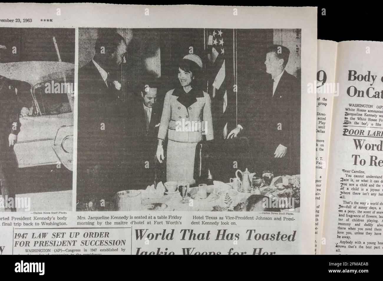Fotos vom Tag des JFK-Attentats, Dallas Morning News (Nachbildung), 23. November 1963 nach dem Attentat auf John F. Kennedy. Stockfoto