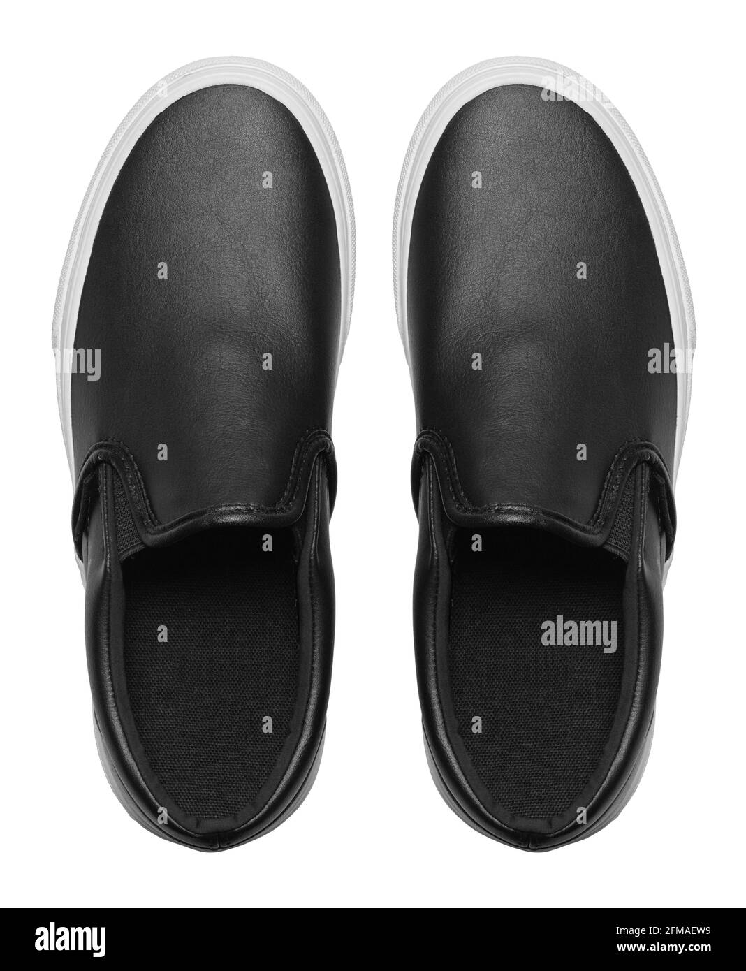 Schwarze Slip-On-Schuhe Ausschnitt Aus Der Draufsicht. Stockfoto