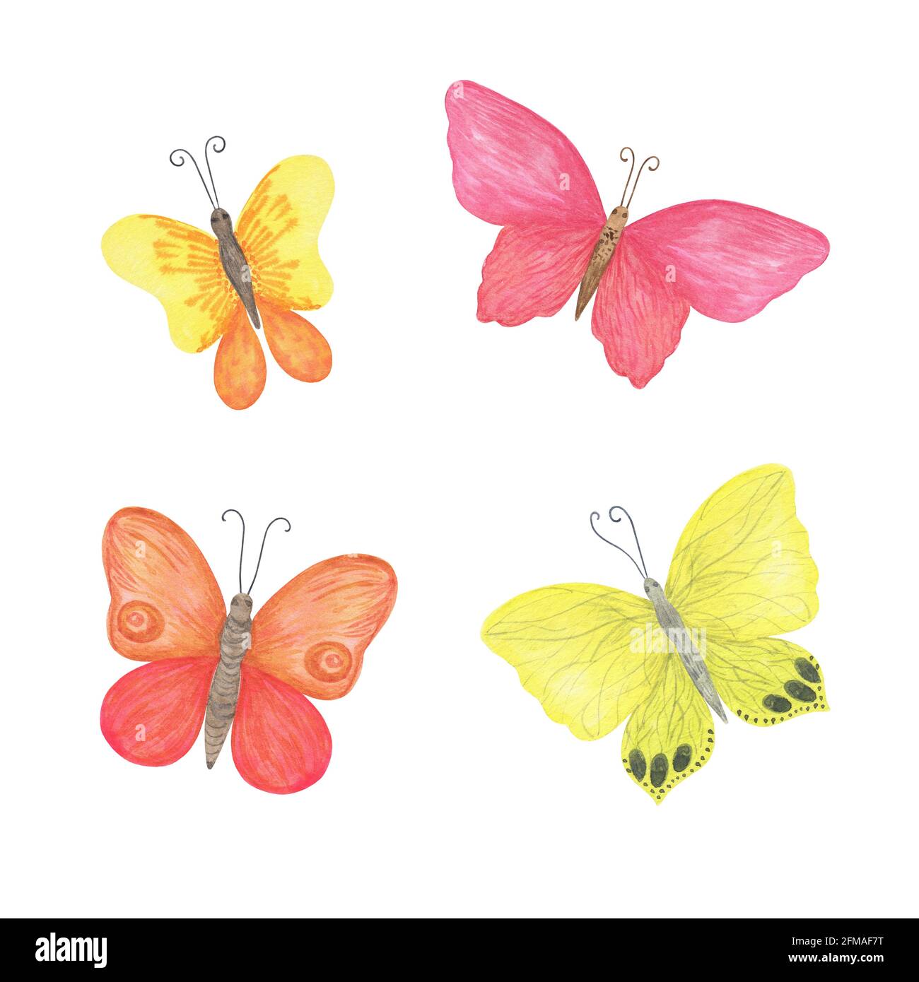 Bunte Schmetterlinge Set Aquarell Illustration violett, rosa, blau, rot, gelb, Einfache handgezeichnete bunte Cliparts für Karten, Einladungen, Texti Stockfoto