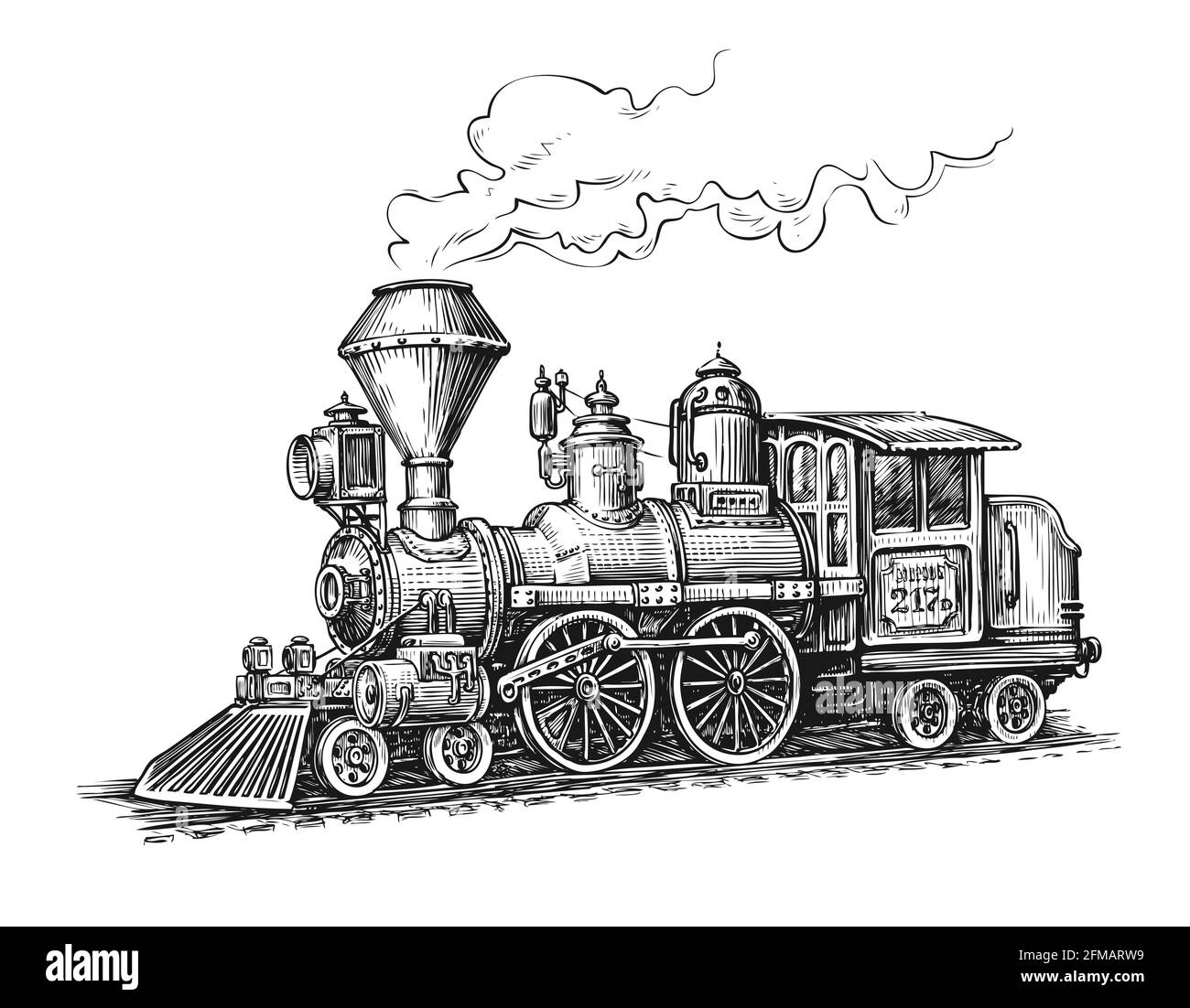Retro Dampflokomotive Transportskizze. Handgezeichnete Vektor-Illustration im Vintage-Stil Stock Vektor