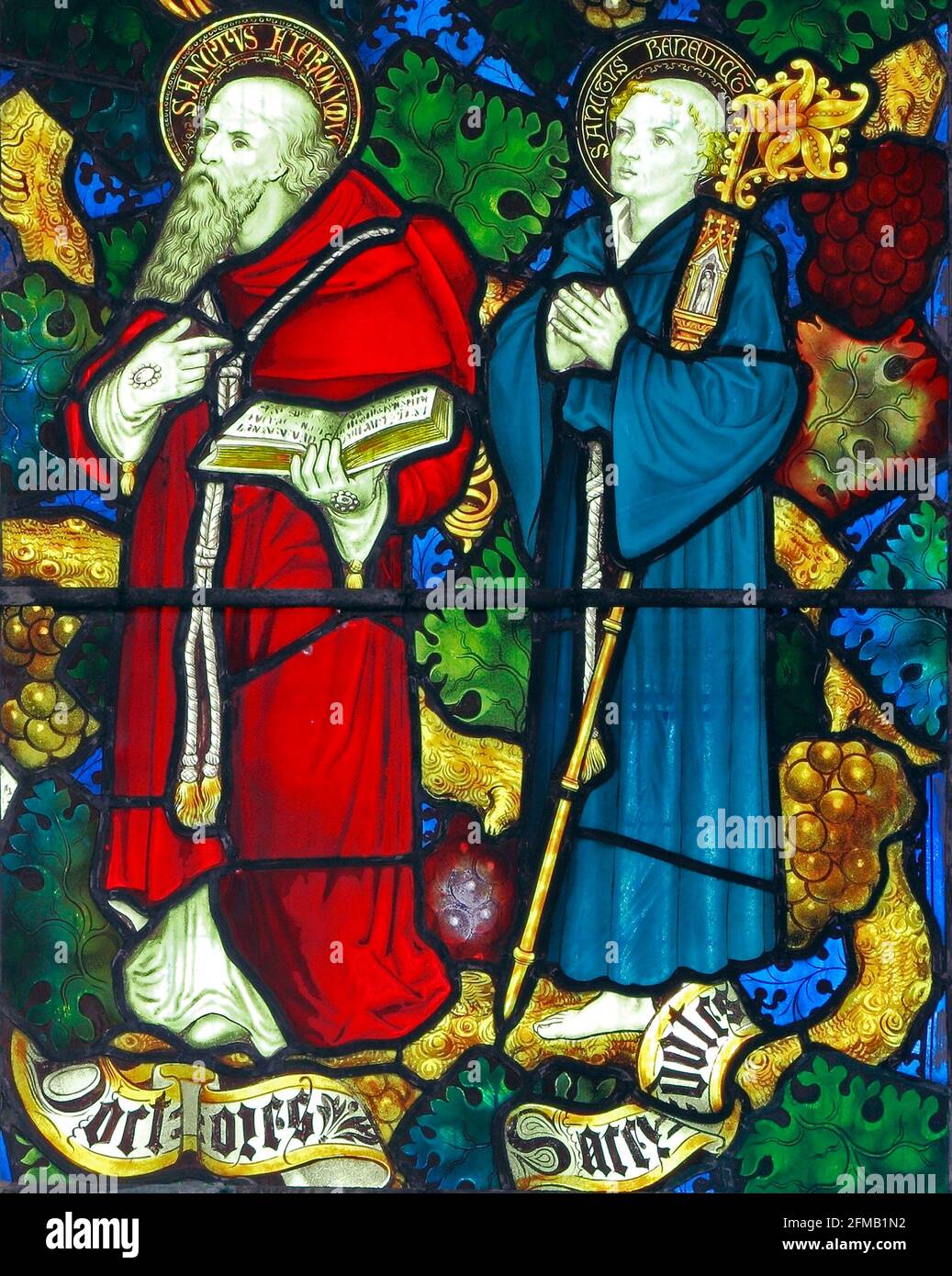 St Jerome, St Benedict, Buntglasfenster von Charles Kempe 1879, Stanhoe Norfolk Stockfoto